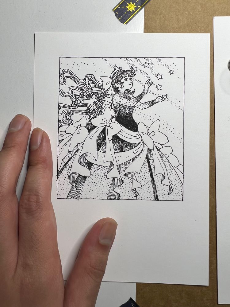 I made a small ink drawing of a woman in a large, impossible dress festooned with bows. The dress is stippled, which took forever. So many tiny dots to indicate gradation in value.