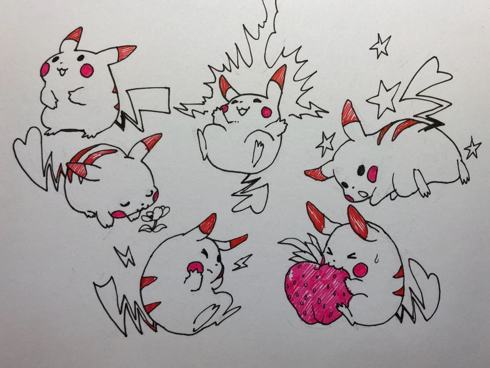 Six ink drawings of pikachu in various cheerful poses. My favorite is the one where she’s eating a strawberry.