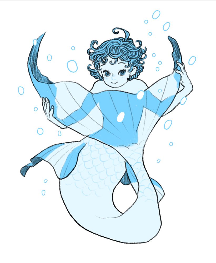 A blue mermaid with short hair peeks out from berhind her tailfin. 