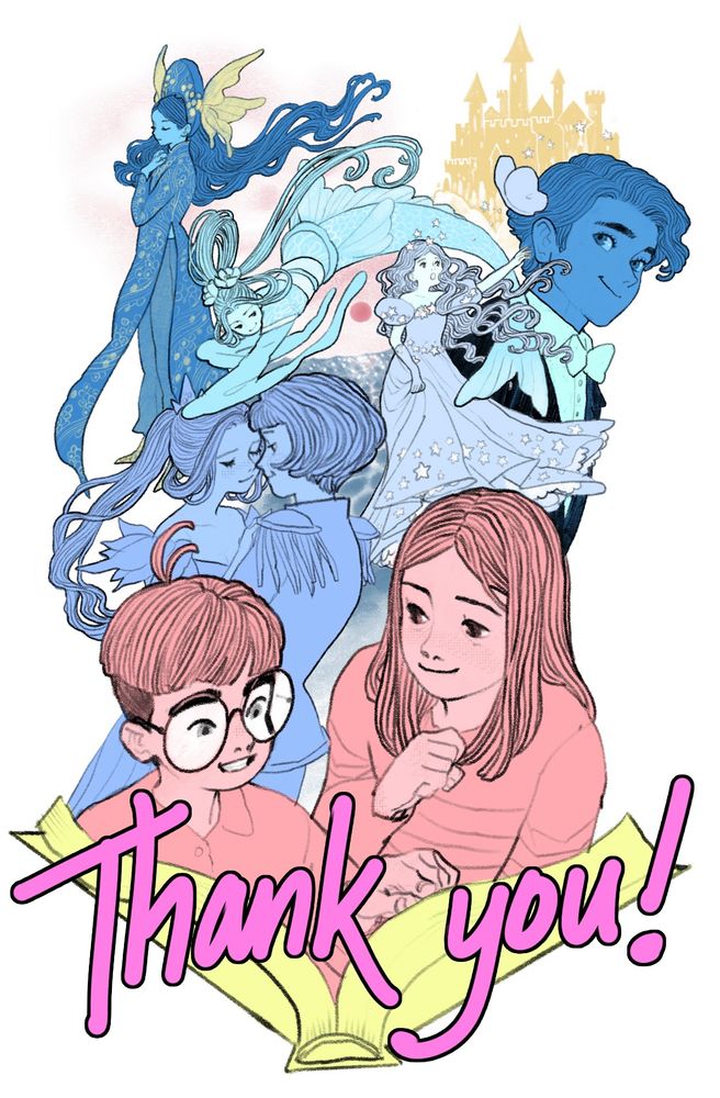 A thank you illustration featuring characters from my graphic novel, The Magic Fish. The protagonists, a bespectacled young boy and his mother, are up front, reading from a golden book. The background is populated with characters from Donkeyskin, The Little Mermaid, and the Vietnamese Cinderella.