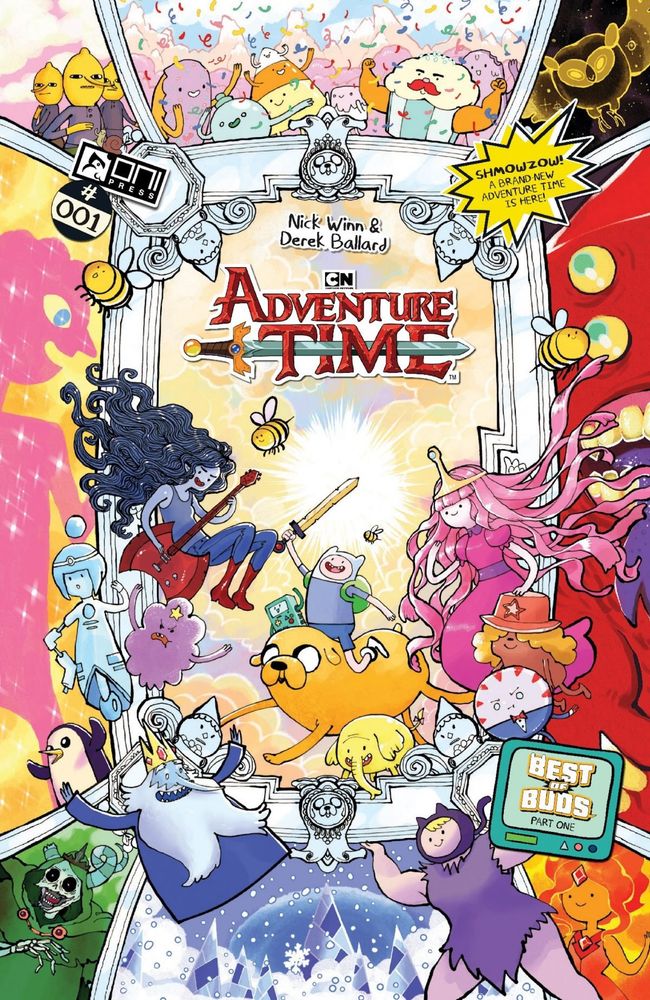 A comic cover for Adventure Time I drew  featuring a ton of different characters. Finn and Jake are central, and around them are Ice King, BMO, Bubblegum, Marceline, Lumpy Space Princess, Peppermint Butler, Susan Strong, Gunter, and Tree Trunks. The characters are framed by images of bigger players in the universe, including the Cosmic Owl, the Lich, Flame Princess, Lemongrab, Prismo, and Golb. There are some new unnamed characters in the mix. 