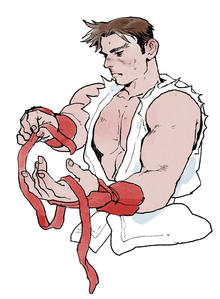 A drawing of an athletic Asian man in a white gi and red padded gloves holding his red headband in a long ribbon. 