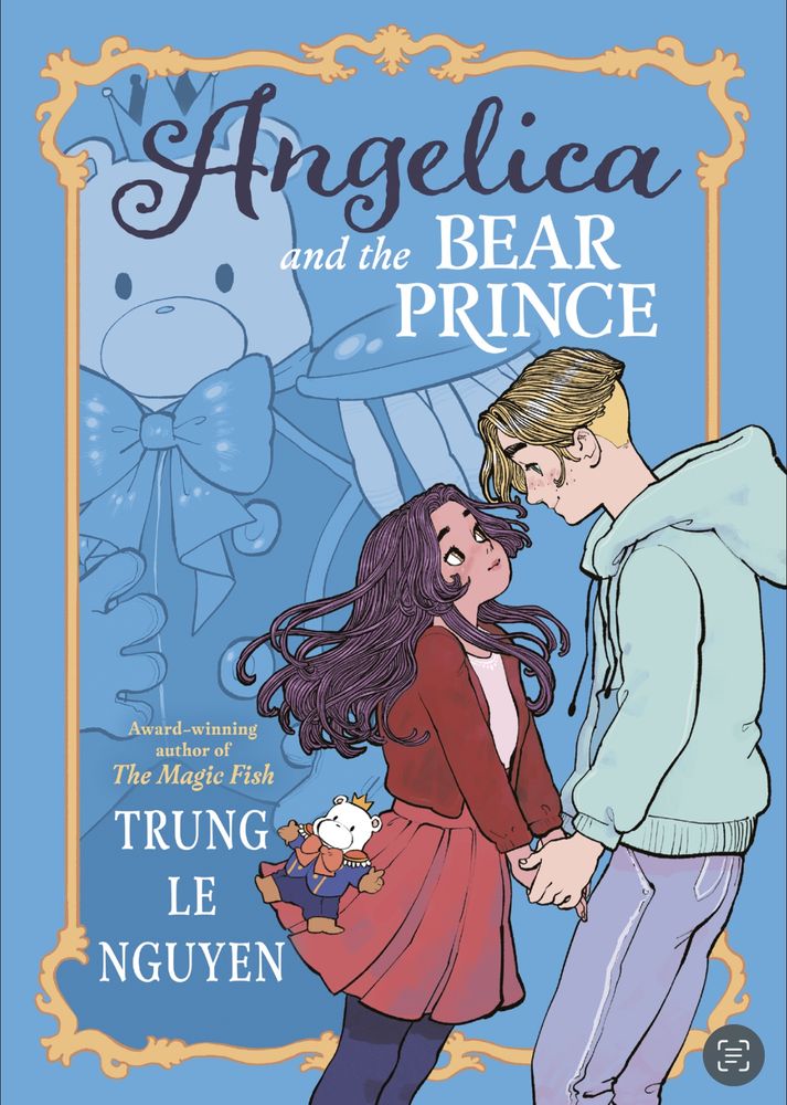 Cover to my graphic novel, Angelica and the Bear Prince. A young couple holds hands—a young femme person dressed mostly in pinks and reds, and a more masc person dressed in cool hues. 