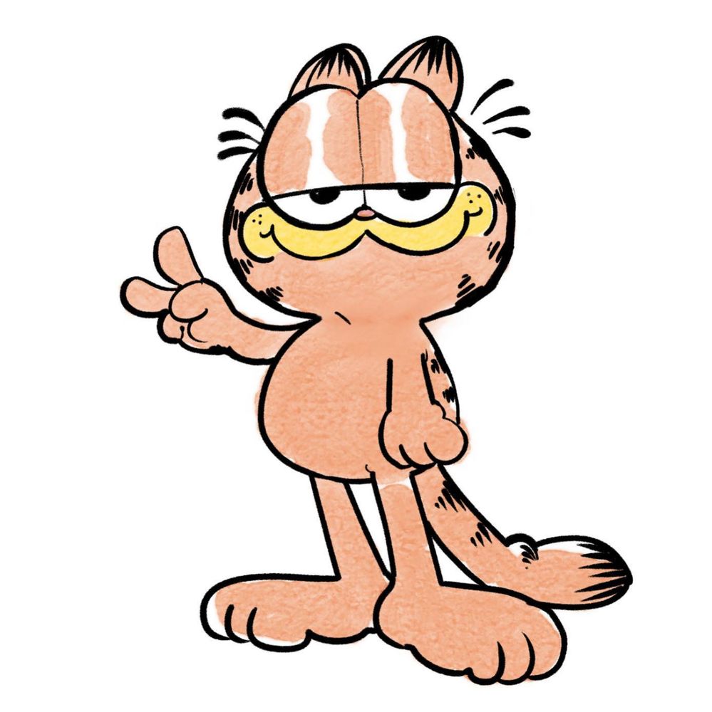 Drawing of an orange cat standing upright throwing a piece sign, and it is in fact the funny cartoon animal Garfield, created by Jim Davis