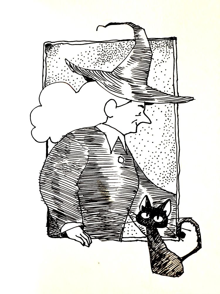 An old witch with puffy white hair in a crinkly, conical brimmed hat stands over a black cat with a curvy tail. 