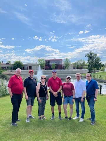 Left to right, Cllrs. Finstad, Hamilton, Mayor Young, Cllrs. Tillack, Hansen, and Pollard. In the background is the Leduc Civic Centre