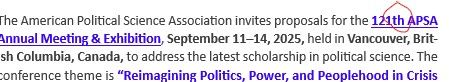 APSA email inviting the submission of proposals to the Association's "121th" annual meeting.