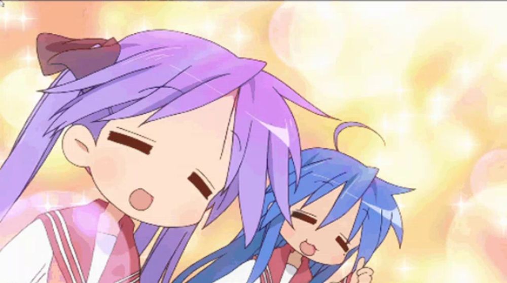 two anime girls with purple hair and blue eyes are laying next to each other