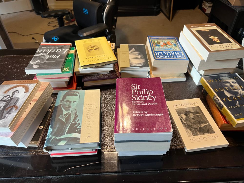A couple dozen volumes of poetry shown in stacks on a desk. 