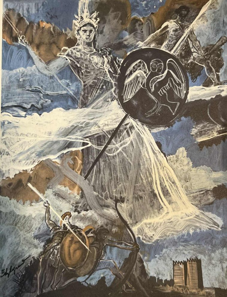 An illustration of Athena by Edy-Legrand for the 1960 edition of "La Mythologie" a French book published by Club Du Livre.

The illustration shows an Athena towering over the battlefield of Troy with spear raised and shield emblazoned with an owl. Blues and grays dominant the colors.