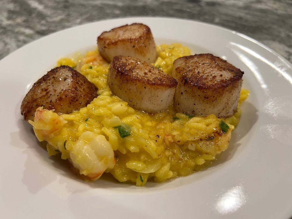 Well seared scallops over saffron-colored risotto 