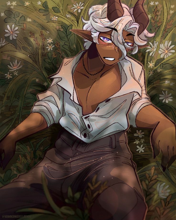 Illustration of a dark-skinned tiefling from D&D lying down in the grass, looking up at the viewer with seductive eyes.  
White flowers and other greenery speckled around the scene. 