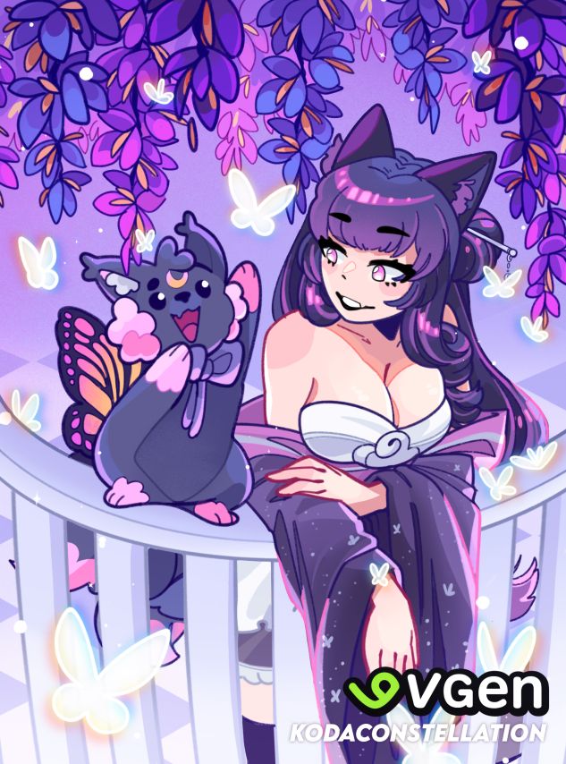 An illustration with a top-down leaning view of a girl with purple wavy hair, pulled up in a half bun with cat ears. Wearing a fantasy-style, draping-sleeved kimono, while leaning on a white balcony railing. 
Next to her on the left, standing on the railing, is a purple and pink fantasy butterfly-cat creature who is reaching for white butterflies. 
Purple wisteria flowers are draping around the frame of the characters. 