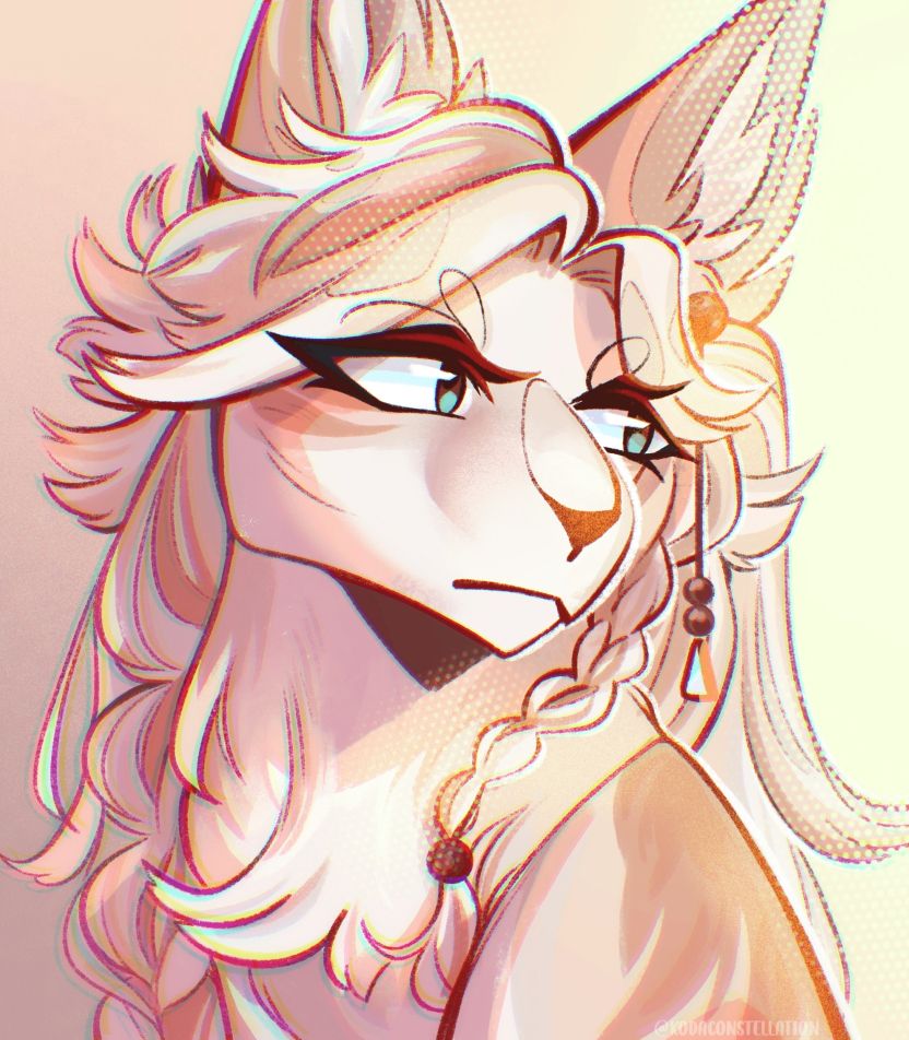Artfight Attack for BaylinBanks on Artfight.com. 
A head-shot illustration of a blonde cat character with long flowing hair, braids mixed into the waves, and dark wooden beads and earrings. 
Brown and teal eyes looking to the right of the screen with a somber expression. 