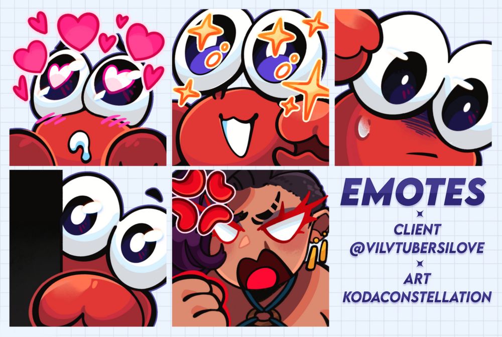 A showcase posting showing of a set of 5 static emote commissions. 
Emotes depicting a crab with huge heart eyes, floating hearts around them, and drooling. A sparkling eye emote. A FEAR  emote. A peaking around the corner emote. And finally an angry emote of a girl. 