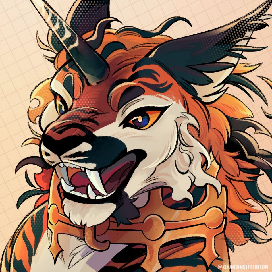Artfight Attack for MEN-ACE on Artfight.com. 
A head-shot illustration of a snarling fantasy tiger character with piercing blue and yellow eyes and wearing a golden crown around its neck. 