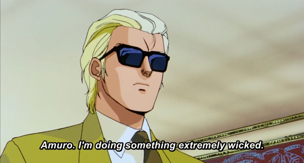 Char (aka The Red Comet, aka Casval Rem Deikun, aka Quattro Bajeena, aka Edouard Mass) wearing sunglasses like an absolute boss addressing his rival (and totally not love interest) Amuro, saying he is 