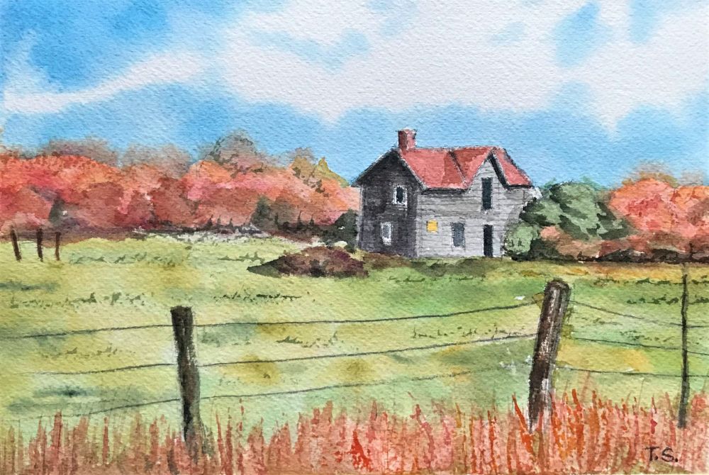 Painting: An old, weathered house with a red roof sits alone in an open grassy field surrounded by a rustic wooden fence. In the background, autumn trees add a splash of color to the cloudy sky.