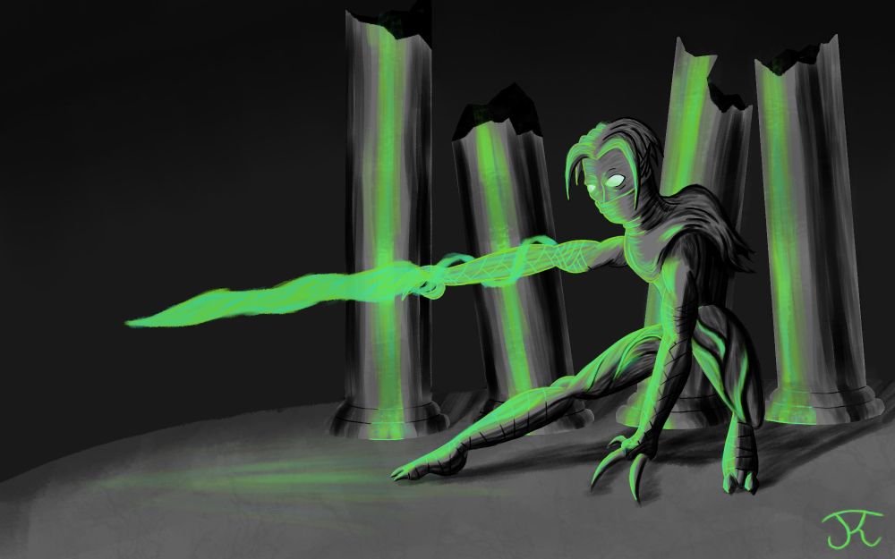 A black and white drawing of a cloaked humanoid creature with green energy coming out of its arm in front of some broken down pillars