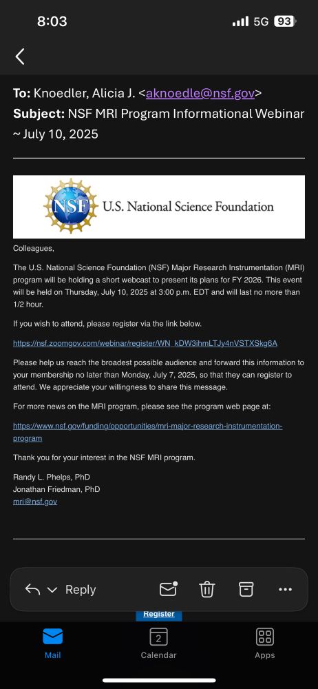 Screenshot announcing webinar from NSF regarding the MRI program