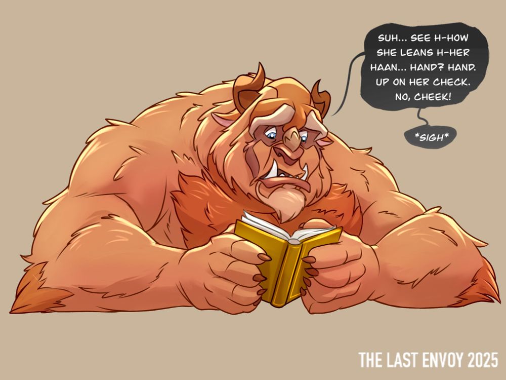 Above the waist bust illustration of Beast from Disney’s Beauty and the Beast animated film sits attempting to read the line “see how her hand leans upon her cheek” from William Shakespeare’s Romeo and Juliet. He fumbles over many of the words and shows an expression of visible frustration. 