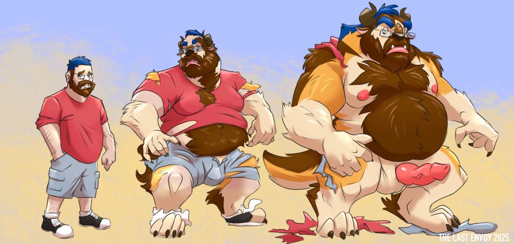 3-stage transformation sequence. A man changes into a big fluffy anthropomorphic beast with a canine penis. 