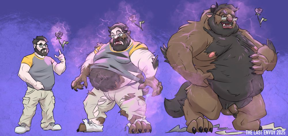 3-stage transformation sequence. A chubby, bearded man encounters an enchanted purple rose which changes him into a much more overweight hairy brown beast. He is surprised at first but his changes make him smirk in the final panel.