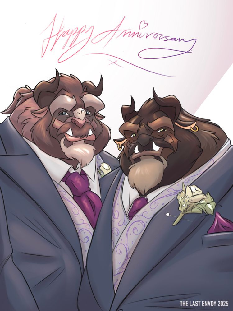 Two big hairy anthropomorphic beasts stand side-by-side in wedding suits smiling at the camera in front of a white background. The text above reads “Happy Anniversary”. 