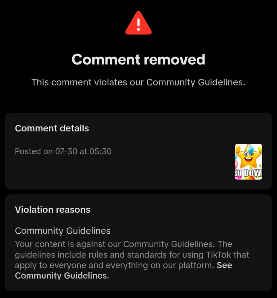 A screenshot in which I received a "community guidelines" violation on TikTok for simply commenting the "CEO down" celebration image consisting of balloons and a smiling star