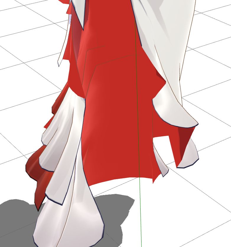 front view of himeko's dress minus himeko: here you can see clearly that the back has been modeled in 3 separate layers, though the 2 inner layers don't actually connect to the dress anywhere lmao. The top of the 2 inner layers would be the lower layer of red fabric as seen from the back view, and the innermost layer makes up the bottom white ruffles of her dress. The interior side of the fabric (the side facing himeko's legs) is always red.
