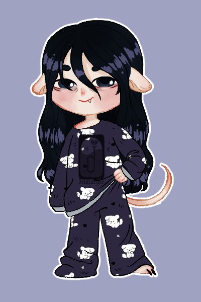 A chibi drawing of a humanoid character with a smug little smile, with one of their hands on their hip. They have pale skin, long black hair, floppy ears, and a hairless, rat-like tail. They wear oversized blue pyjamas with a puppy pattern.