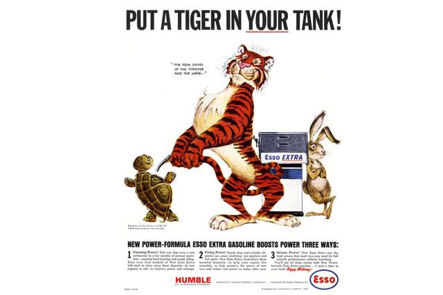 Muscular tiger, pre-Tony, by a gas tank. He’s hanging out with a rabbit and turtle.