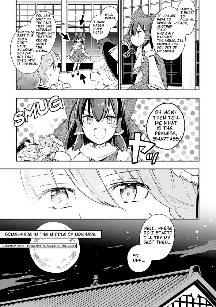 Reimu complaining about anime fans, given that she's a purist that Marisa is personally annoyed by. Kasen, who's a book reader is to prove to Reimu herself that she has read Steel Ball Run, the 7th part of JoJo's Bizzarre Adventure.