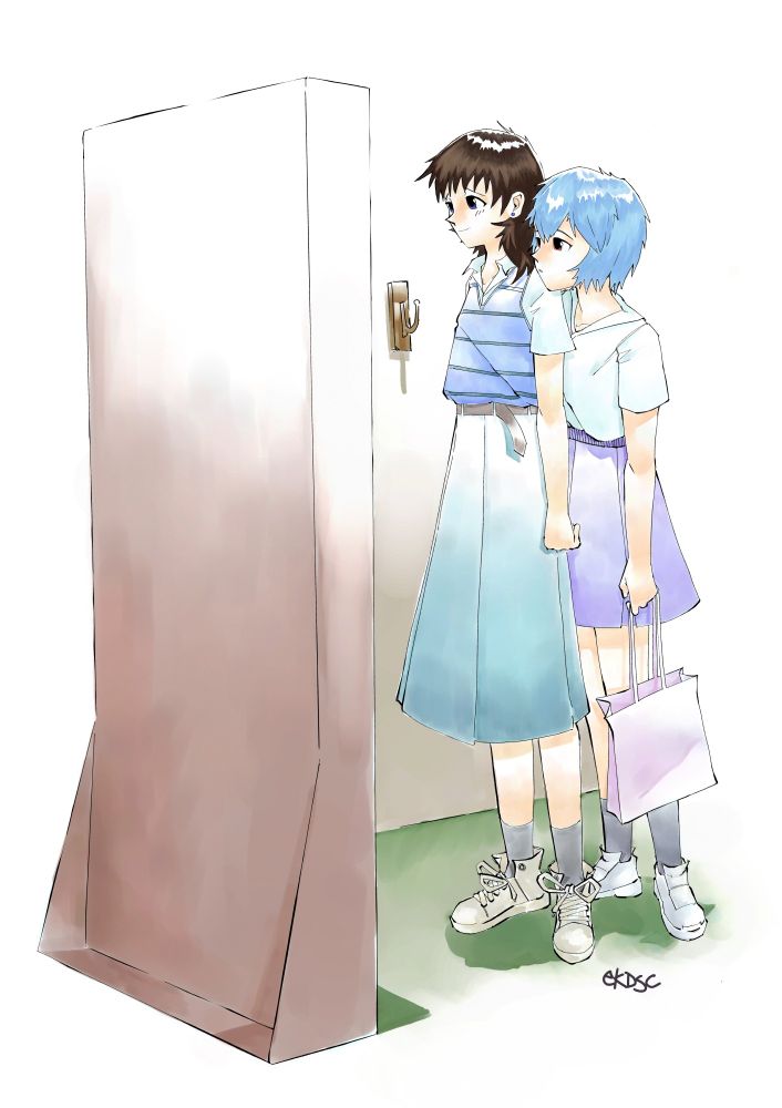 Art of Shinji Ikari and Rei Ayanami. Shinji is stood looking into a mirror, wearing a sweater vest and a long skirt, with a slight smile. Rei is stood over her shoulder, peeking inquisitively.