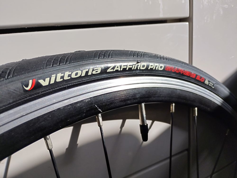 A close-up of a Vittoria Zaffiro Pro road bike tyre.
