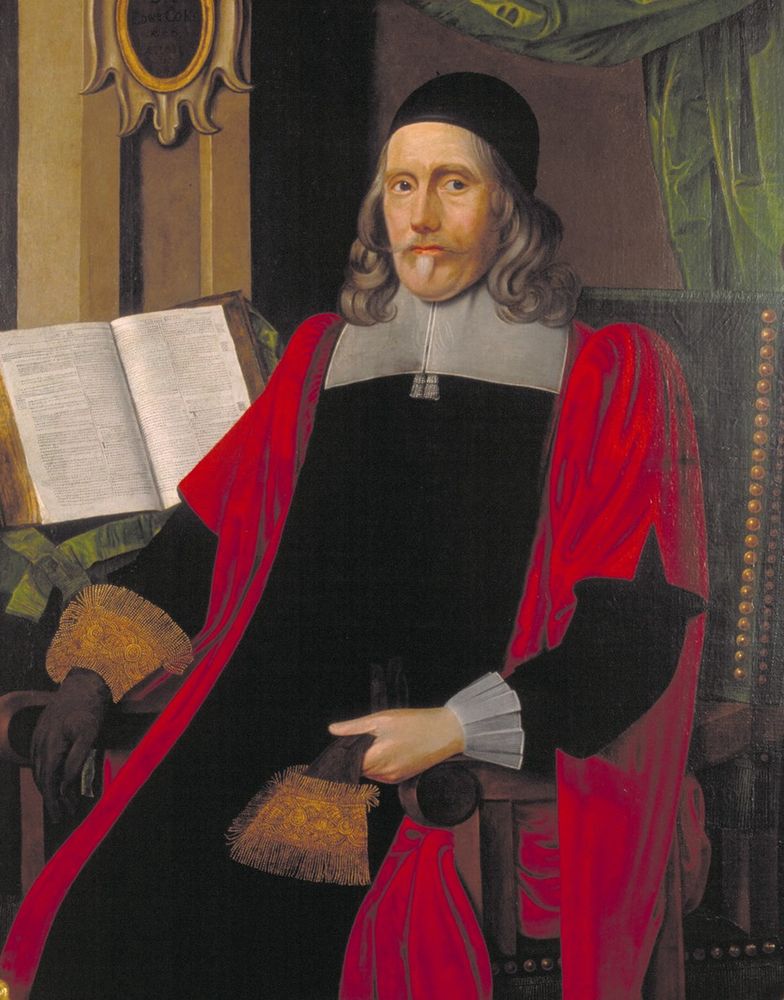 Sir Edward Coke in black judicial robes with a red cloak, white doublet, and black cap