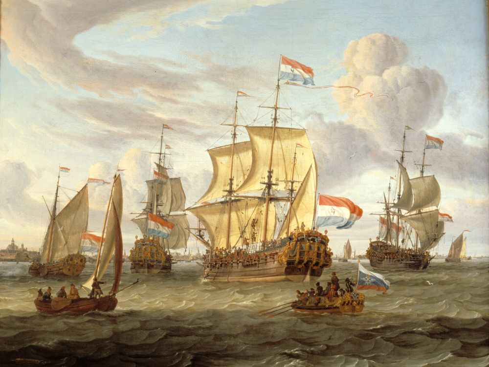 The Frigate Peter and Paul in the Port of Amsterdam (17th Century), by Abraham Storck, Historisch Scheepvart Museum, Amsterdam 

A 17th century Dutch seascape painting illustrating at least 7 sail boats of various sizes, including the frigate of Peter and Paul, as well as a smaller transport row boat. The seas are calm and the sky is covered in swirling and fluffy clouds. 