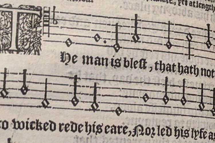 Detail of the printed musical annotations in University of St Andrews’ copy of Sternhold, Thomas, Whitingham, William, Hopkins, John, The Whole Booke of Psalmes, collected into English Meter, (London, 1583), Bib BS1440.S8B83. 