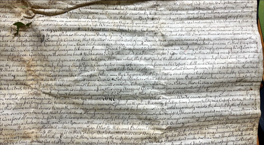 An extract from Cannon’s text, which is held at the National Archives, Kew. 18th century manuscript writing on a warped piece of vellum with fold marks, stains and holes. 
