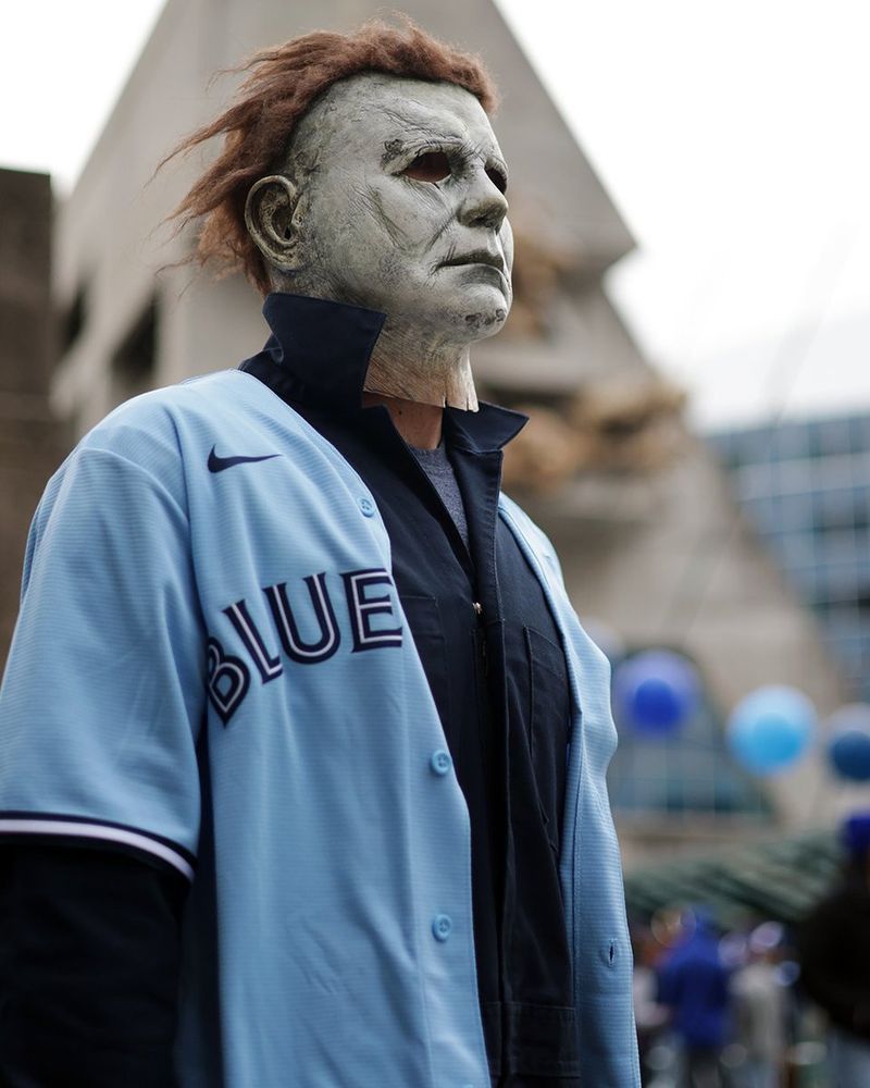 A Jays fan wearing a Michael Myers mask at Game 6 of the World Series 2025 (played on Halloween)