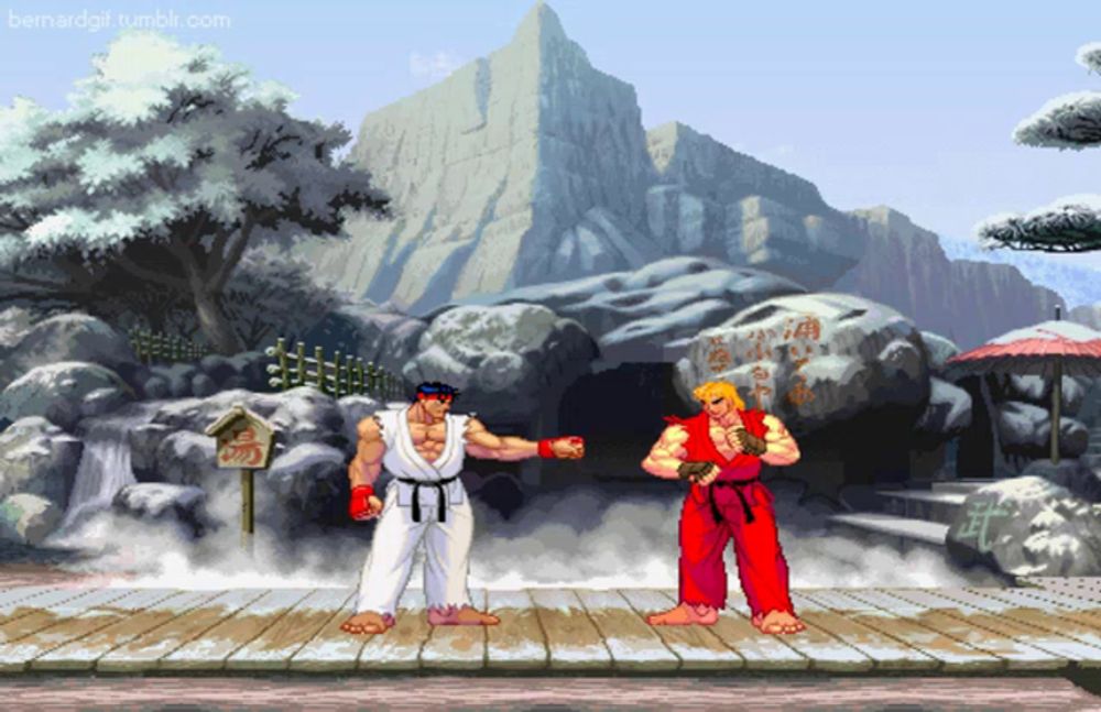 two karate fighters are standing on a wooden stage in front of mountains