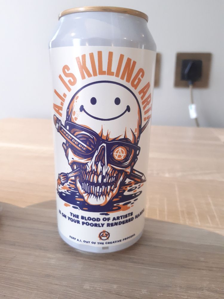The front of a beer can entitled "AI is killing art!". The image is a skull wearing sunglasses with a pencil and pen through it.