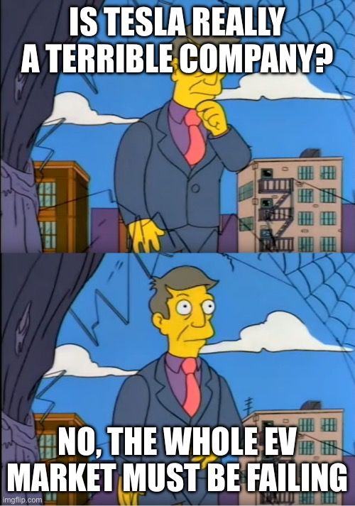 Principle Skinner “am I out of touch meme”

Top panel: Is Tesla really a terrible company?

Bottom panel: No, the whole EV market must be failing