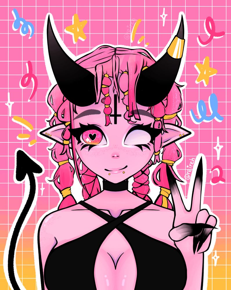 My art. Anime cartoonish style. Very vibrant. Shows a demon girl doing a peace sign with her hand.