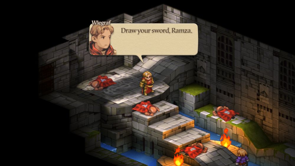 Screenshot from the Final Fantasy Tactics remaster; the infamous 'Weigraf boss fight' where a white man with a bad haircut surrounded by dead bodies says 'Draw your sword, Ramza'
