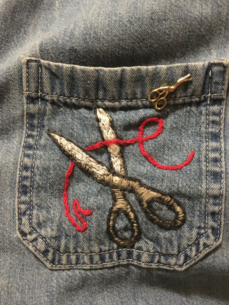 more embroidery of a pair of scissors cutting the red thread of fate (plus a little pin of bird scissors)