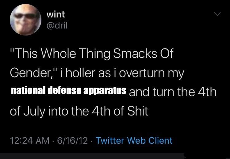 dril tweet: "this whole thing smacks of gender," i holler as i overturn my national defense apparatus and turn the 4th of July into the 4th of shit