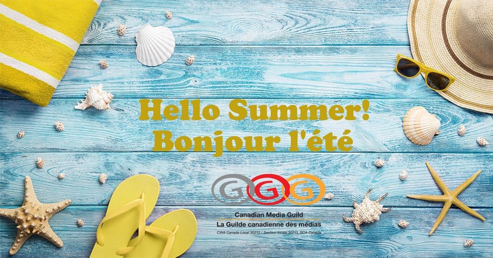 Hello Summer! / Bonjour l'été written on a blue boardwalk surrounded by a yellow beach towel, yellow sandals, starfish and a wicker sunhat.