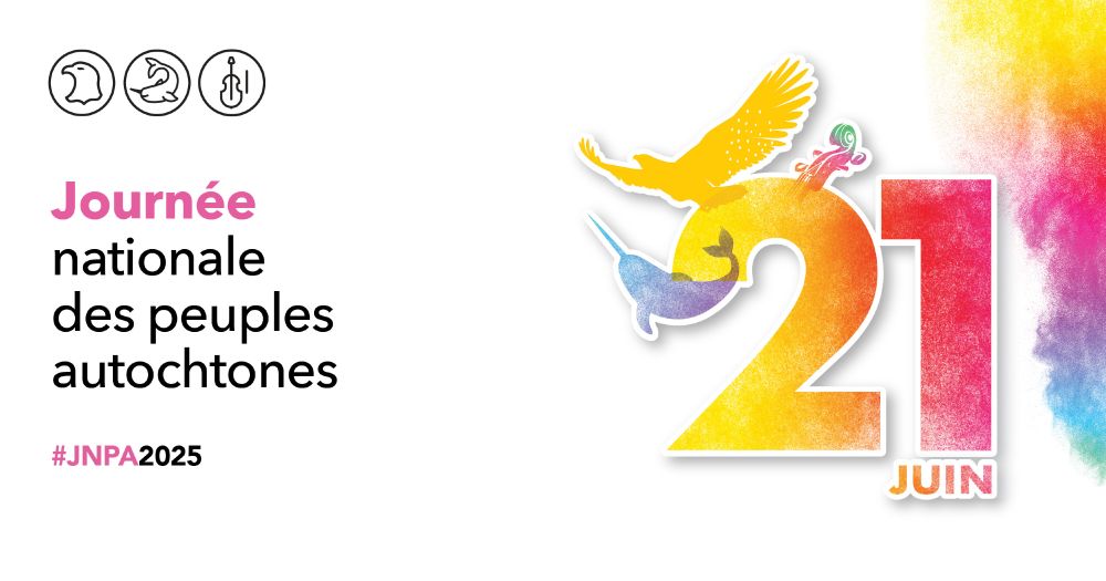 3 illustrations : un aigle qui représente les Premières Nations, un narval qui représente les Inuit et un violon qui représente les Métis. Ces illustrations sont placées autour de la date « 21 juin » et entourées par une fumée multicolore qui rappelle la tradition, la spiritualité autochtone, l'inclusion et la diversité.