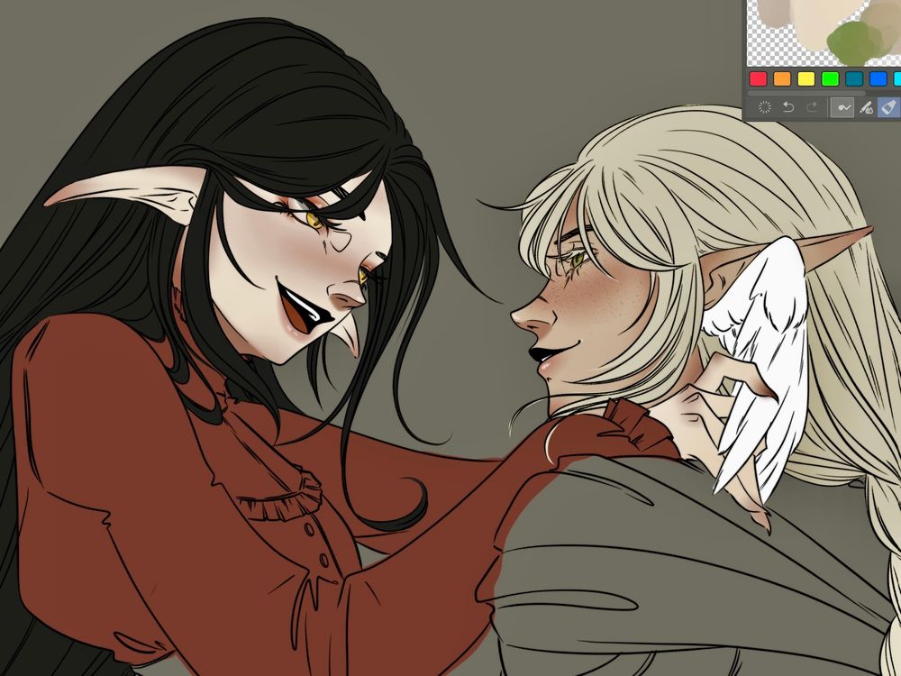 A wip of two elezen women, Vivienne and Mila. Vivi has pale skin, long dark hair and golden eyes. Mila is slightly darker with freckles, blond hair and hazel eyes.